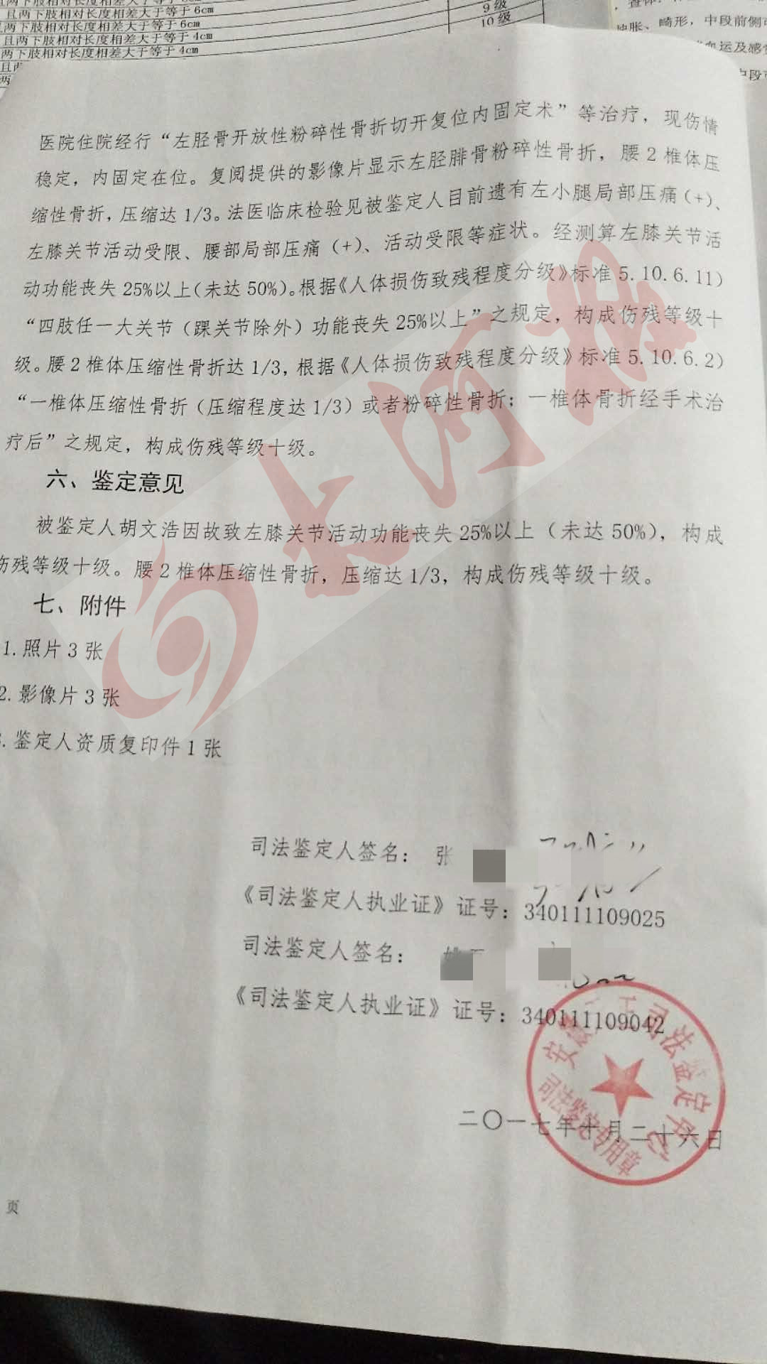 上显示的伤残等级标准"司法鉴定书给出的鉴定意见是构成伤残等级十级