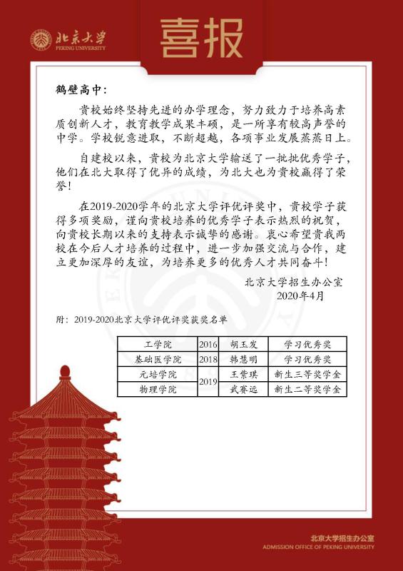 「北京大学」鹤壁高中11名优秀毕业生获清华大学和北京大学优秀奖励