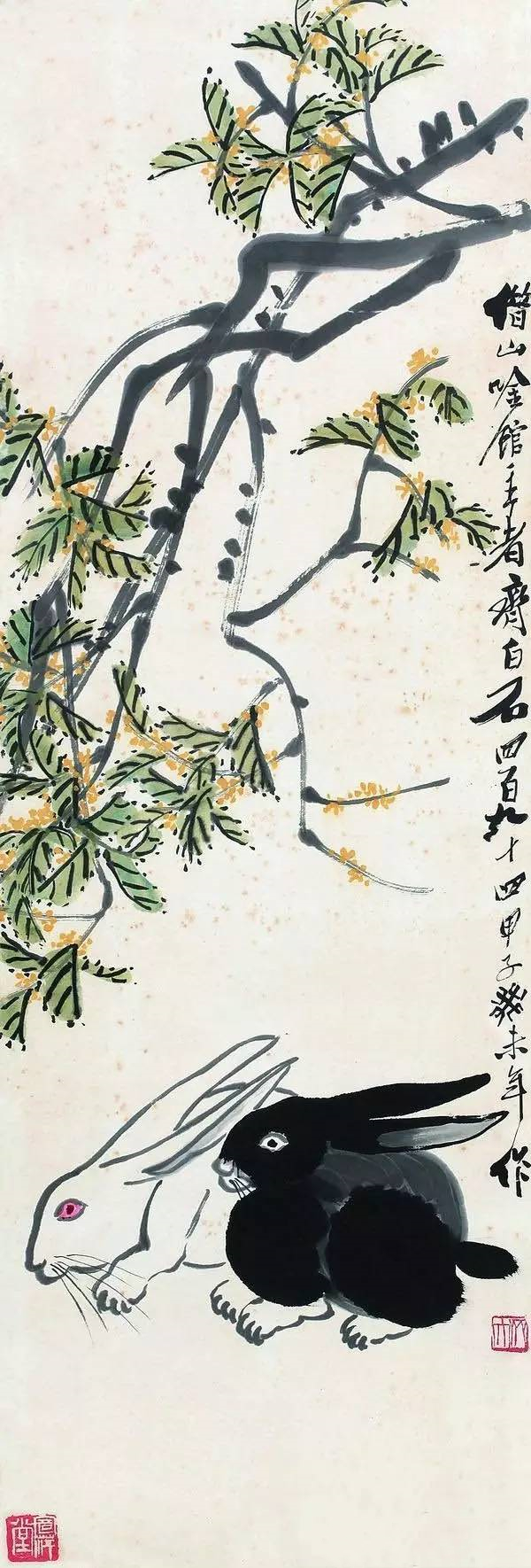 齐白石《丹桂双兔》